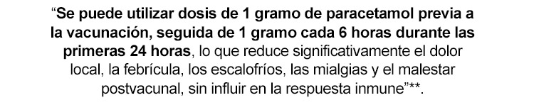 Se puede utilizar dosis de 1 gramo de paracetamol previa a la vacunacin, seguida de 1 gramo cada 6 horas durante las primeras 24 horas, lo que reduce significativamente el dolor local, la febrcula, los escalofros, las mialgias y el malestar postvacunal, sin influir en la respuesta inmune**.
            
