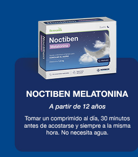 NOCTIBEN MELATONINA. A partir de 12 aos. Tomar un comprimido al da, 30 minutos antes de acostarse y siempre a la misma hora. No necesita agua.
