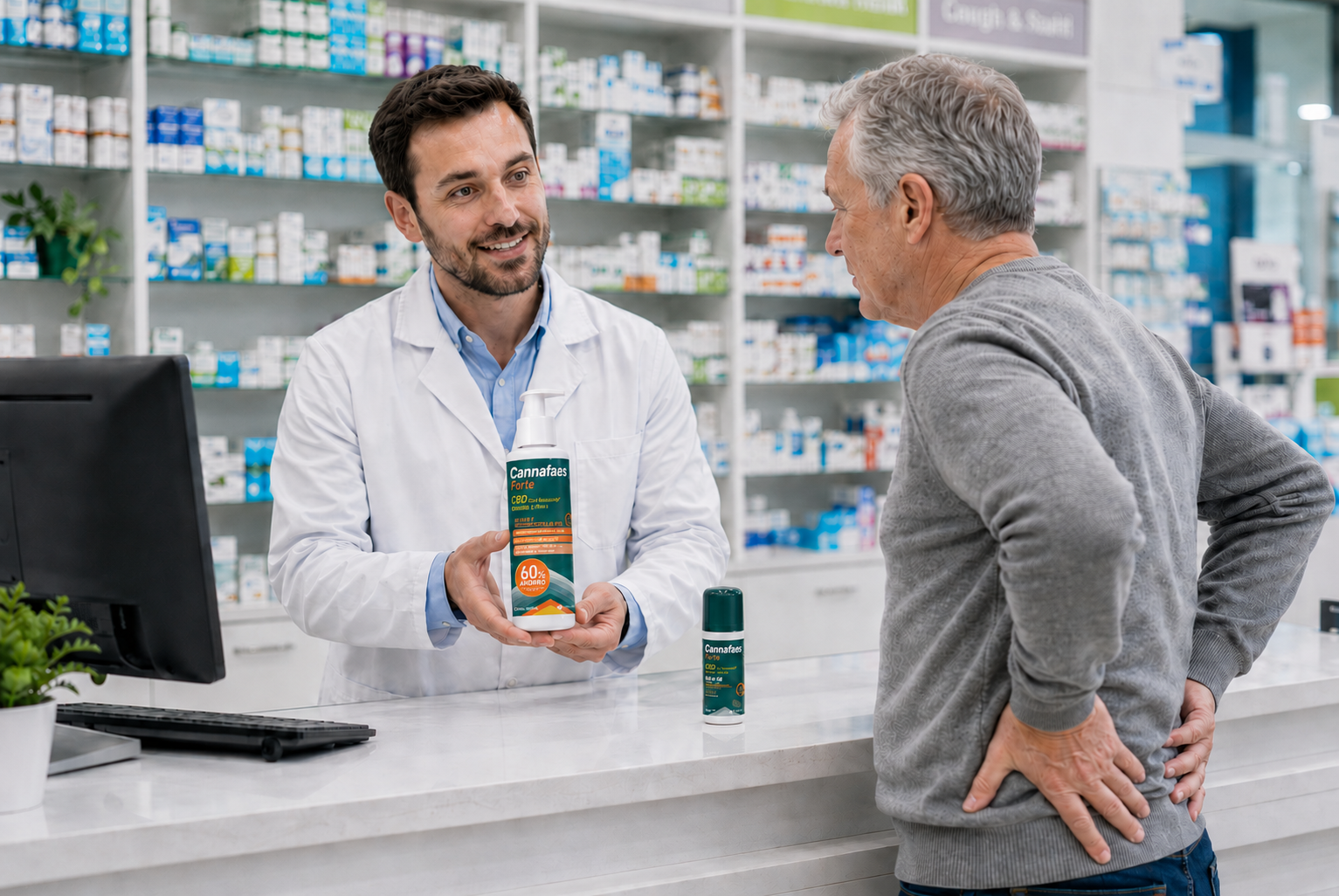 Farmacéutico recomendando Cannafaes – CBD tópico y autocuidado